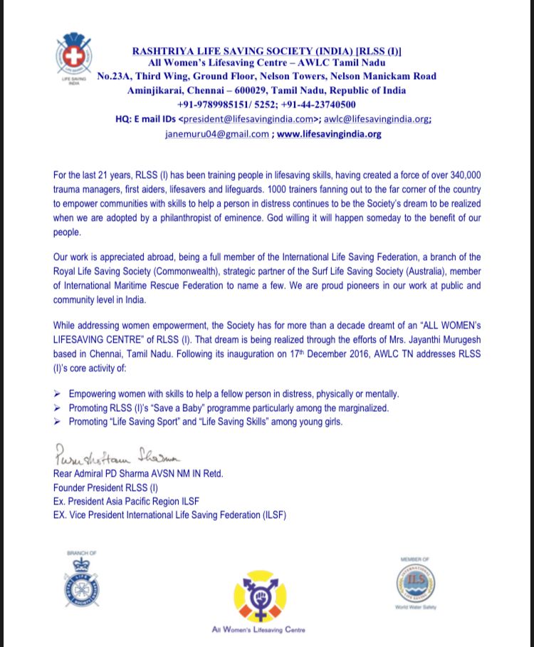 Letter from the Founder President of RLSS India on the All Women's Lifesaving Centre, Tamil Nadu