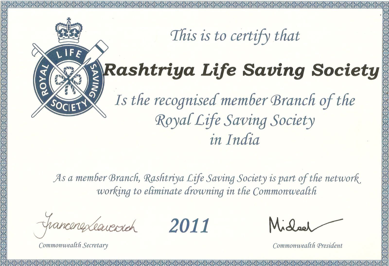 Royal Life Saving Society certificate recognising RLSS India as a member branch, 2011