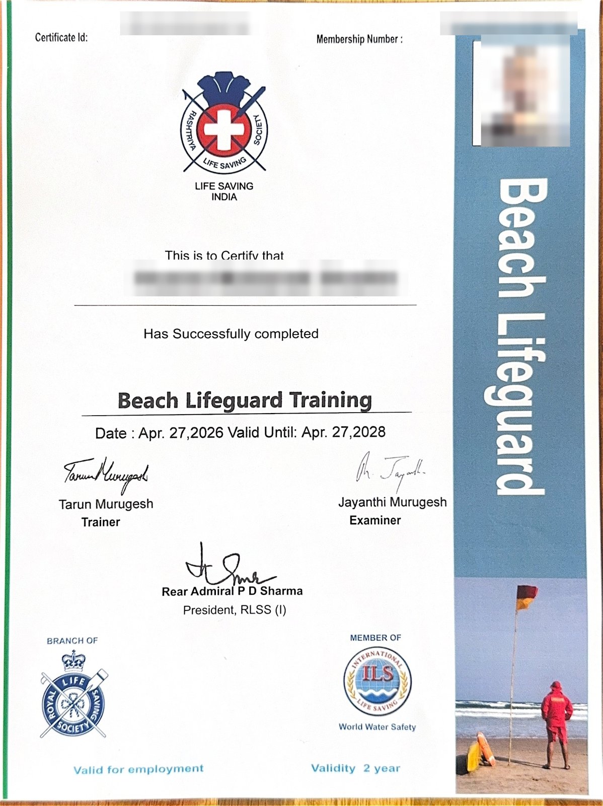 Sample RLSS India Beach Lifeguard certificate with personal details hidden