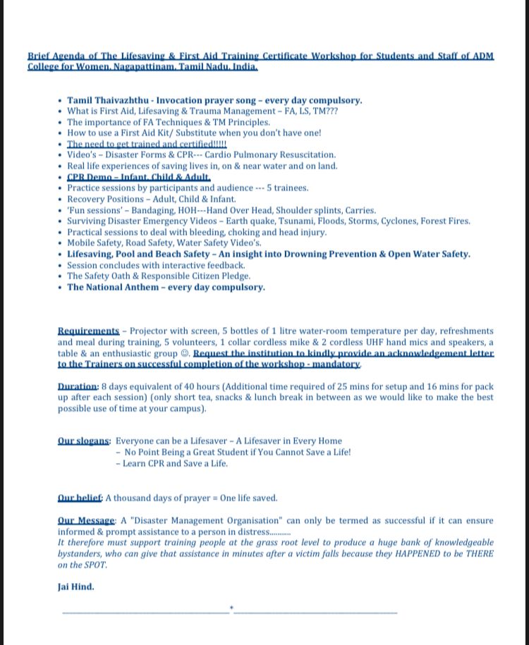Agenda of a lifesaving and first aid workshop for ADM College for Women, Nagapattinam